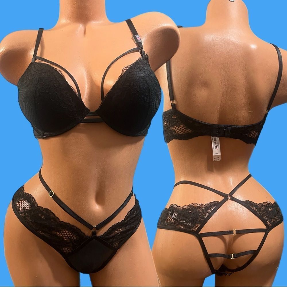 Victorias Secret Set Push Up Padded lace & faux leather bra & Strappy Brazilian